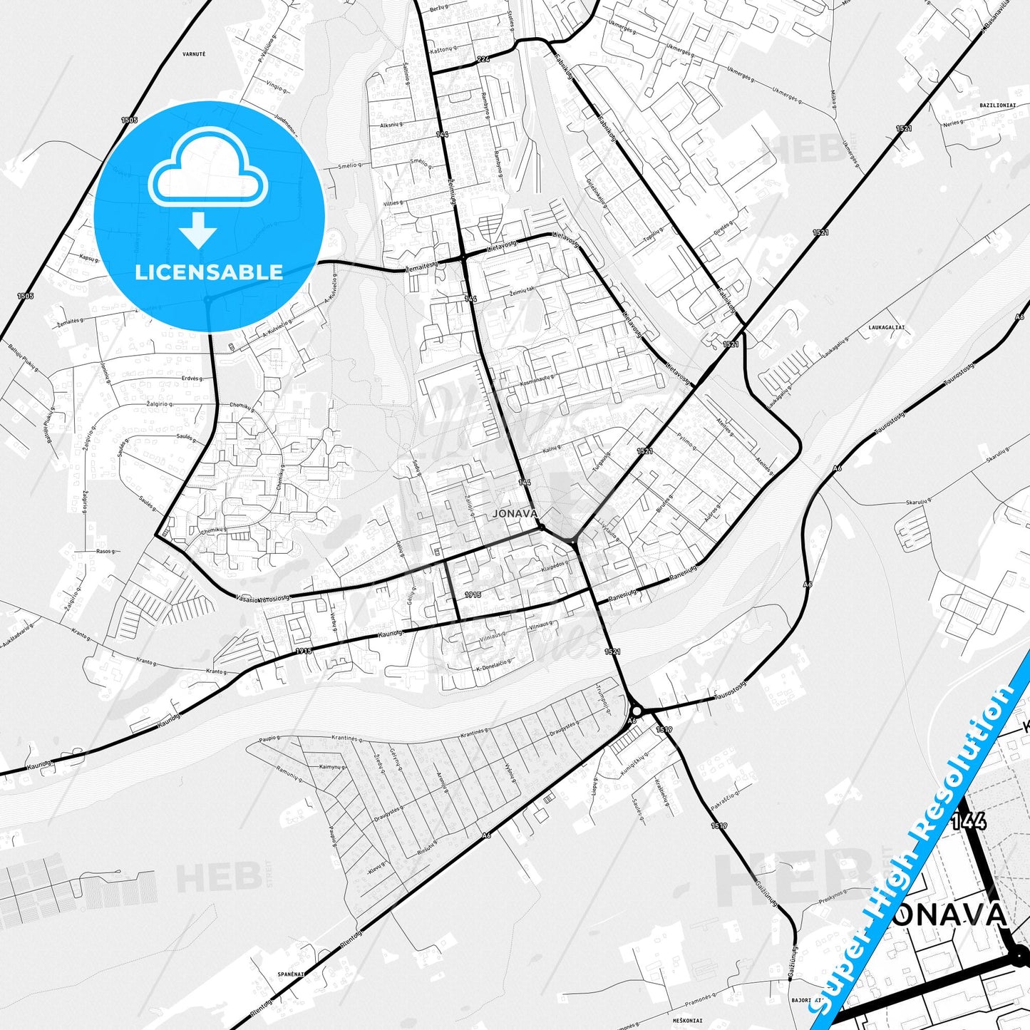 Jonava, Lithuania Light Map with Street Names, City Names, and Districts