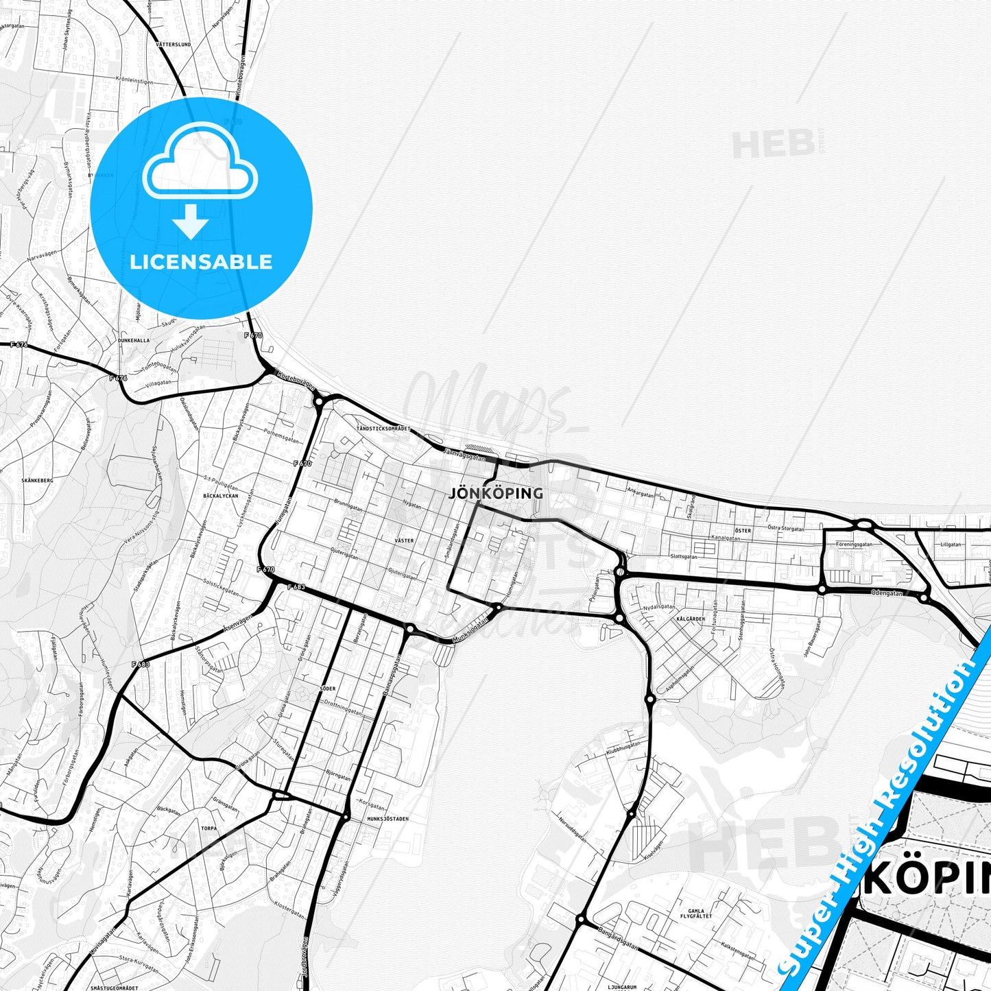 Jönköping, Sweden Light Map with Street Names, City Names, and Districts