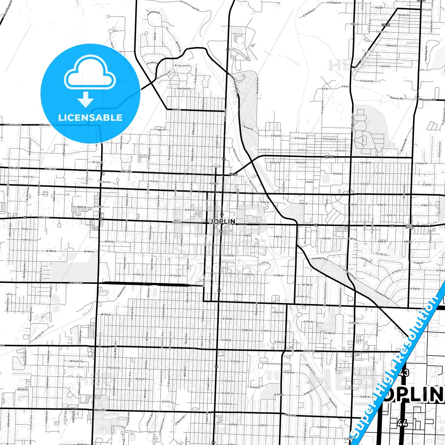 Joplin, Missouri Light Map with Street Names, City Names, and Districts