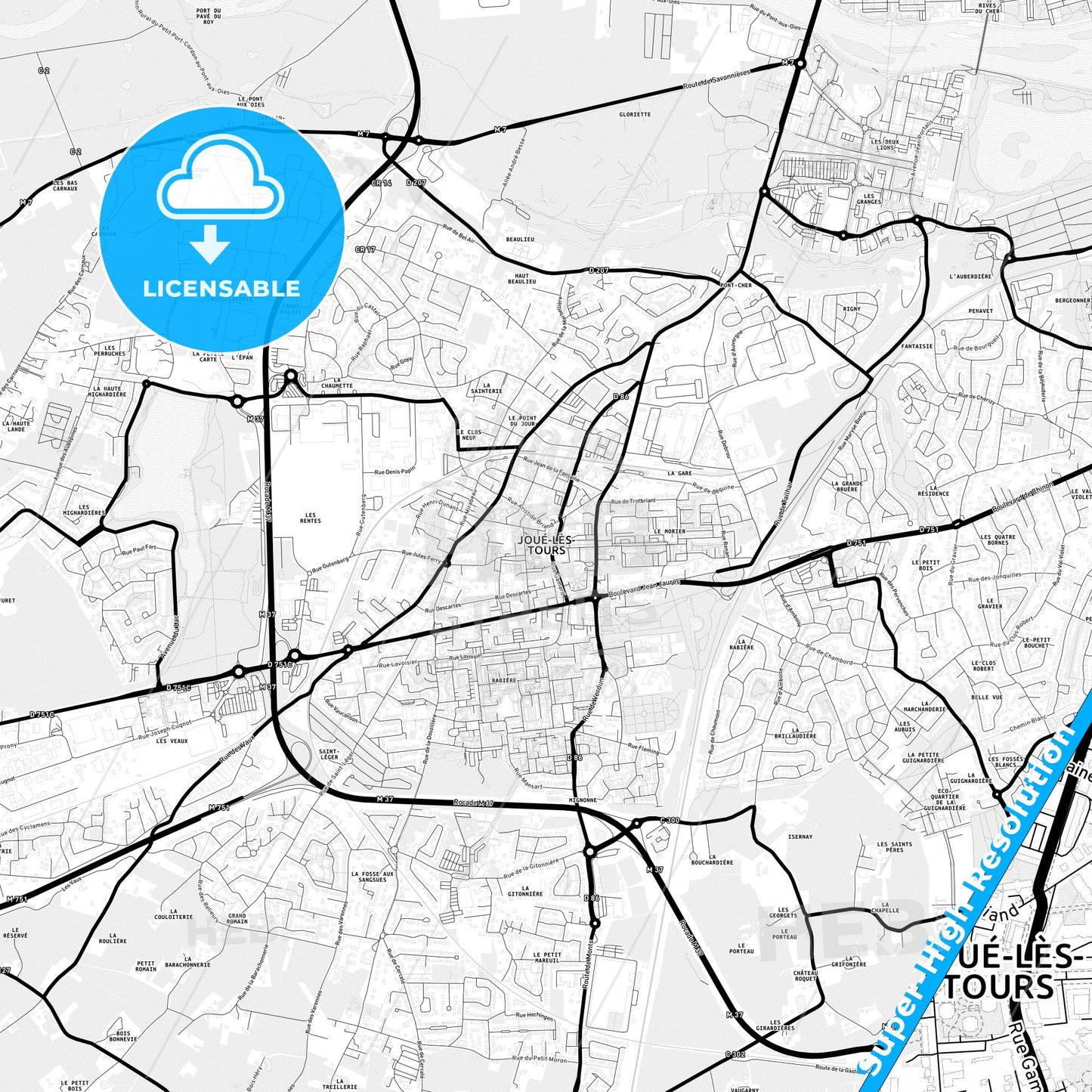 Joué-lès-Tours, France Light Map with Street Names, City Names, and Districts