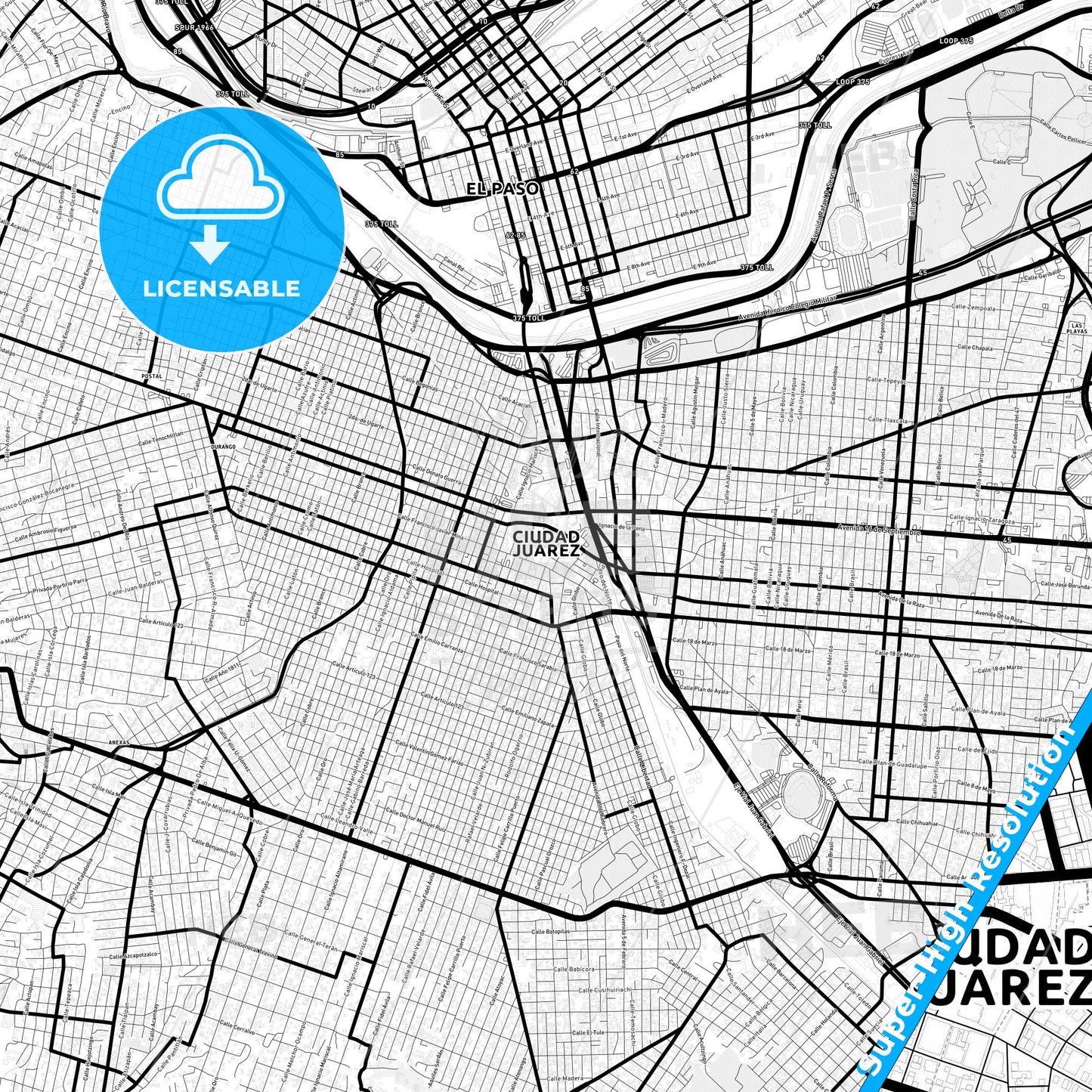 Juárez, Mexico Light Map with Street Names, City Names, and Districts