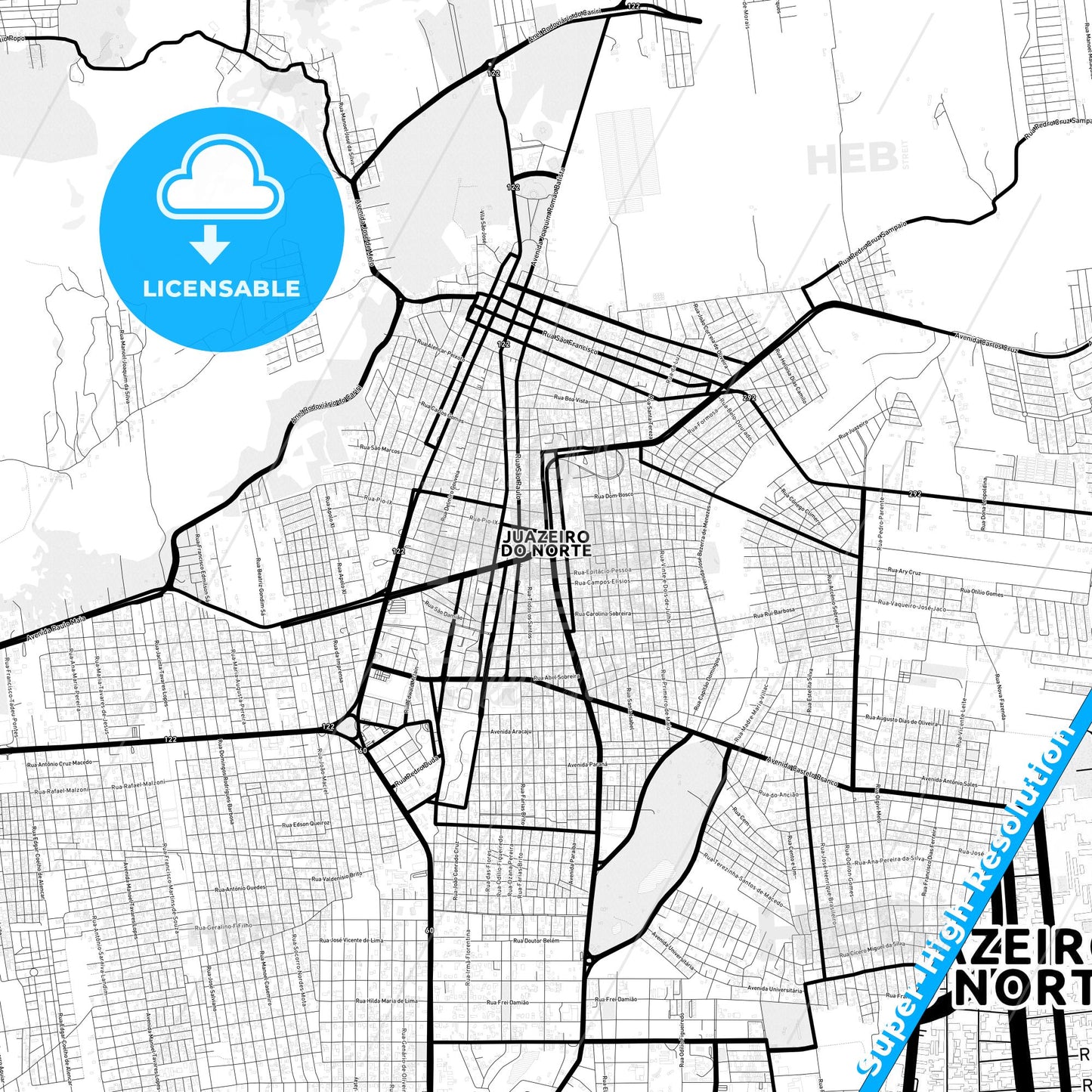 Juazeiro do Norte, Brazil Light Map with Street Names, City Names, and Districts