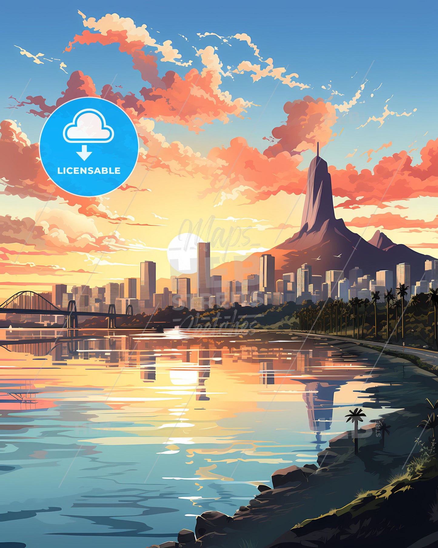 Colorful Juiz de Fora Skyline Painting Focus on Art on Waterside Cityscape