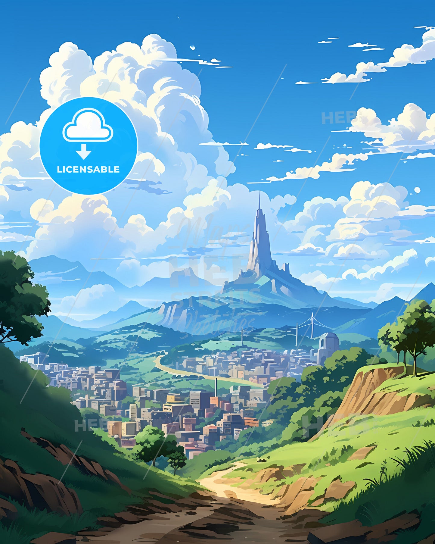 Vibrant Art Deco Painting of Juiz de Fora Brazil Skyline Landscape City Mountains