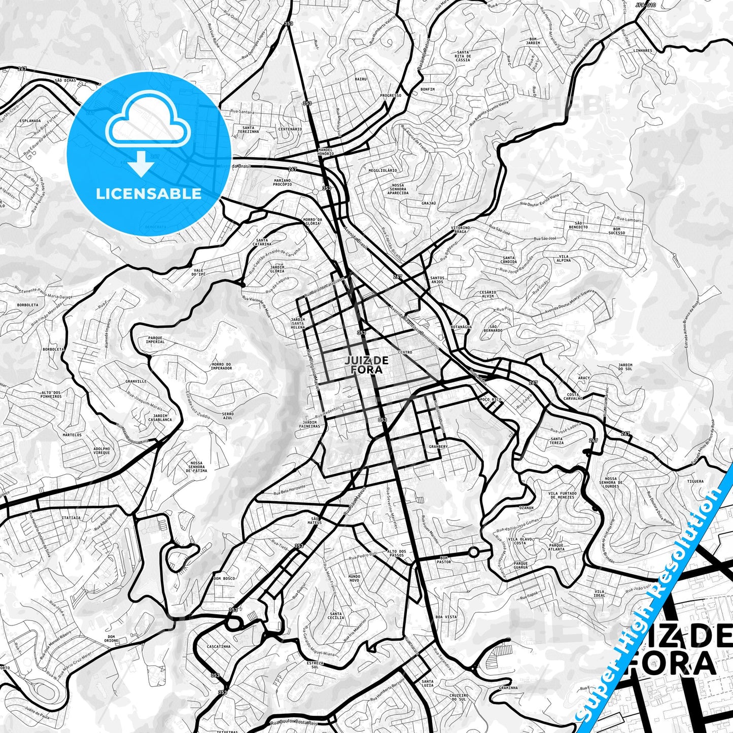Juiz de Fora, Brazil Light Map with Street Names, City Names, and Districts