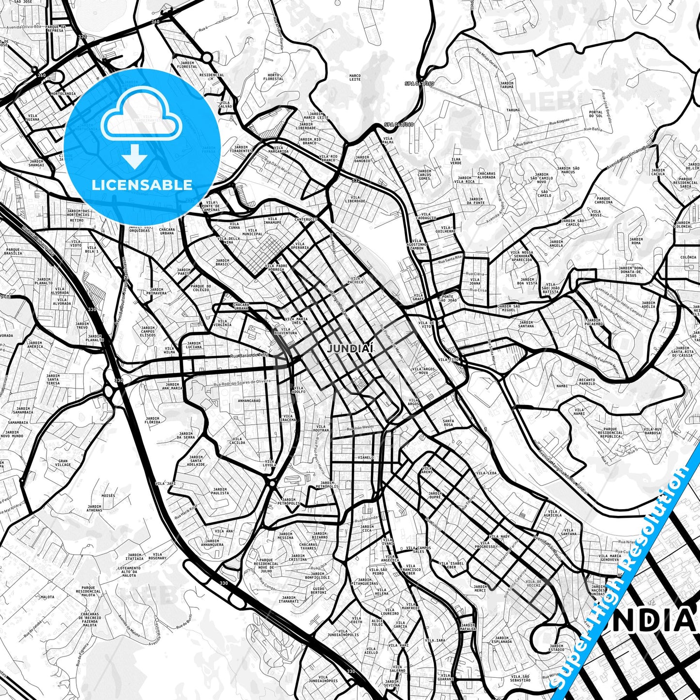 Jundiai, Brazil Light Map with Street Names, City Names, and Districts