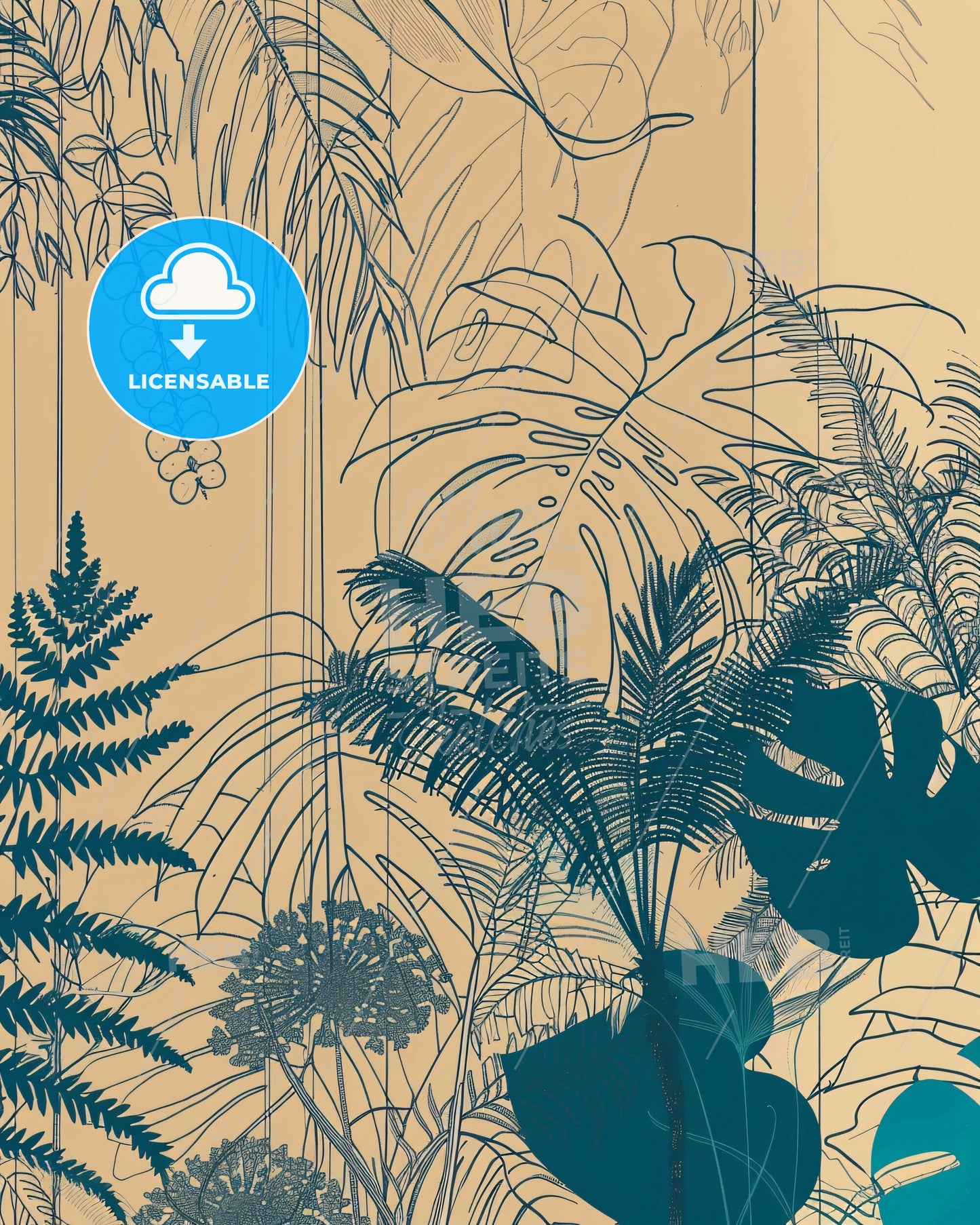 Bold Jungle Lines: Geometric Nature's Embrace - A drawing of plants on a wall