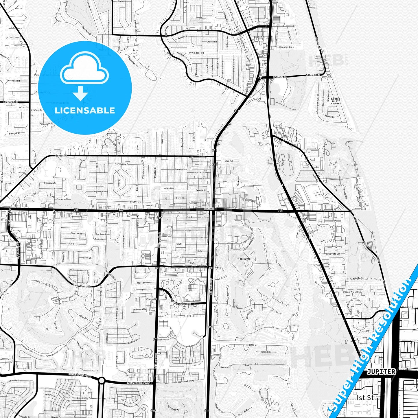 Jupiter, Florida Light Map with Street Names, City Names, and Districts