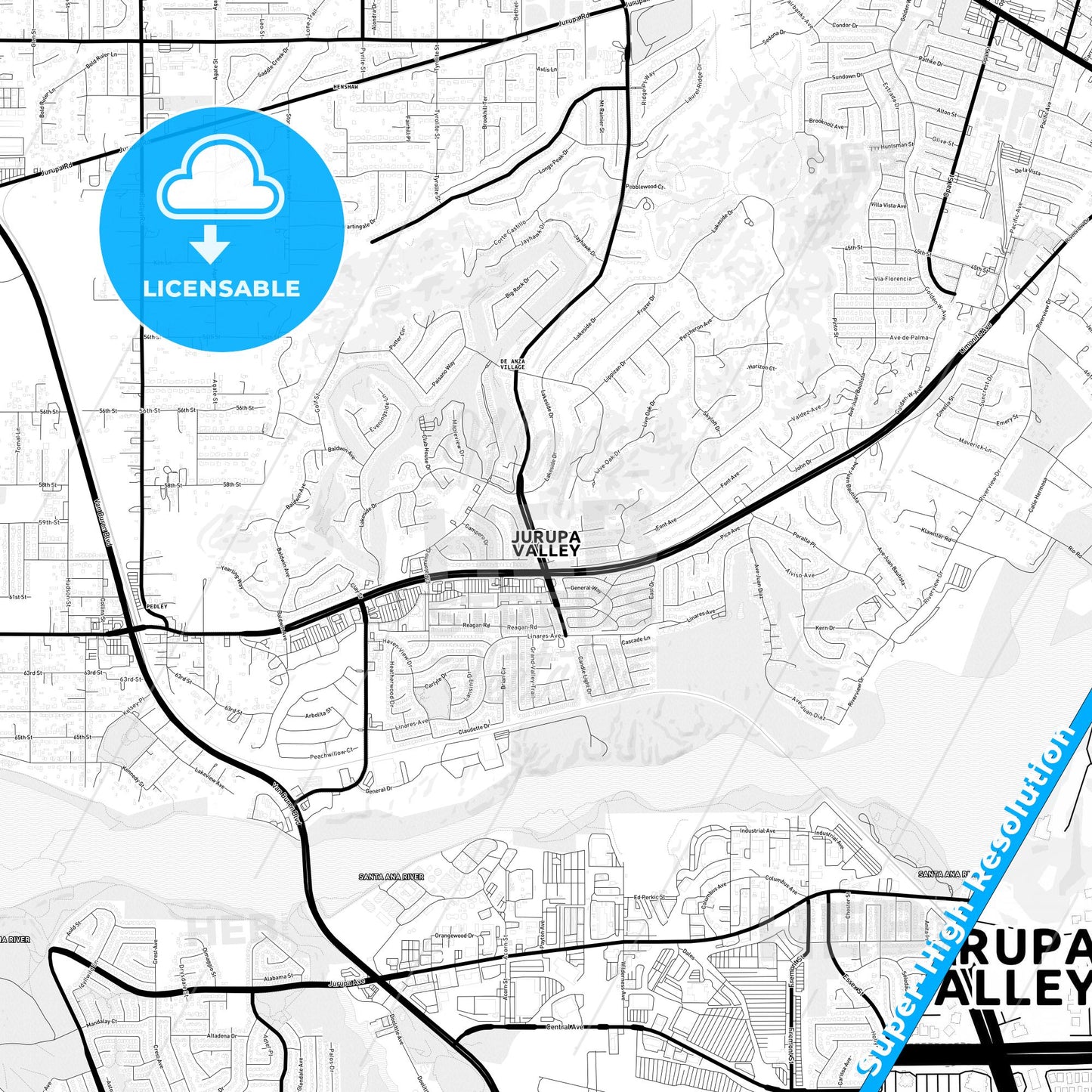 Jurupa Valley, California Light Map with Street Names, City Names, and Districts