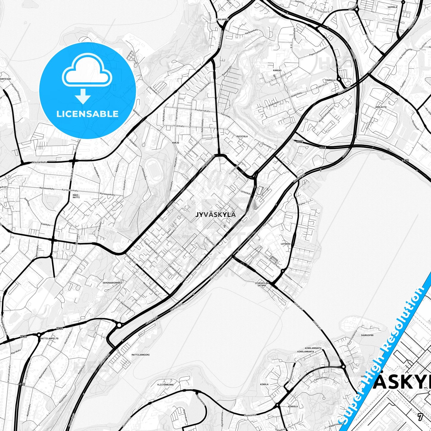 Jyväskylä, Finland Light Map with Street Names, City Names, and Districts