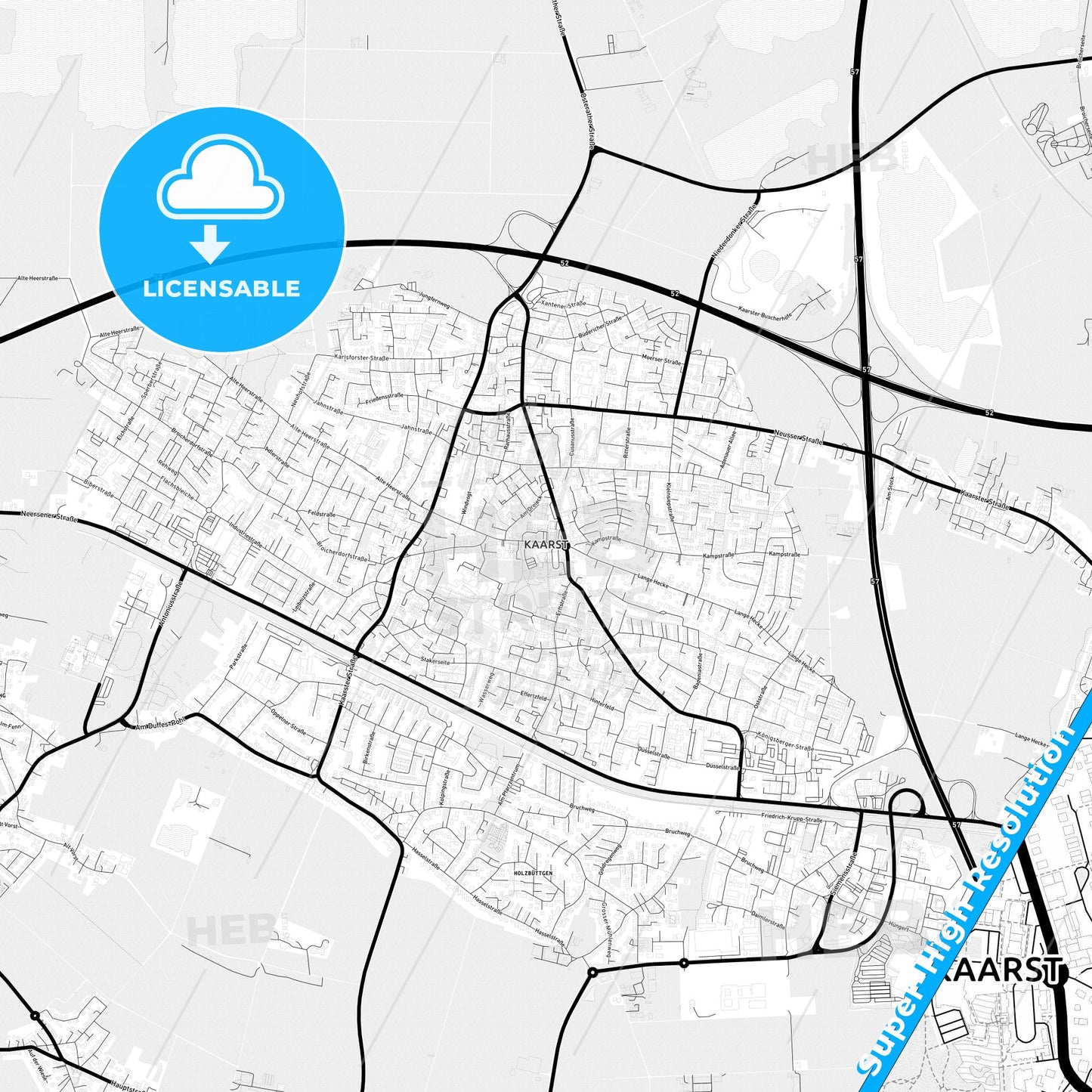 Kaarst, Germany Light Map with Street Names, City Names, and Districts