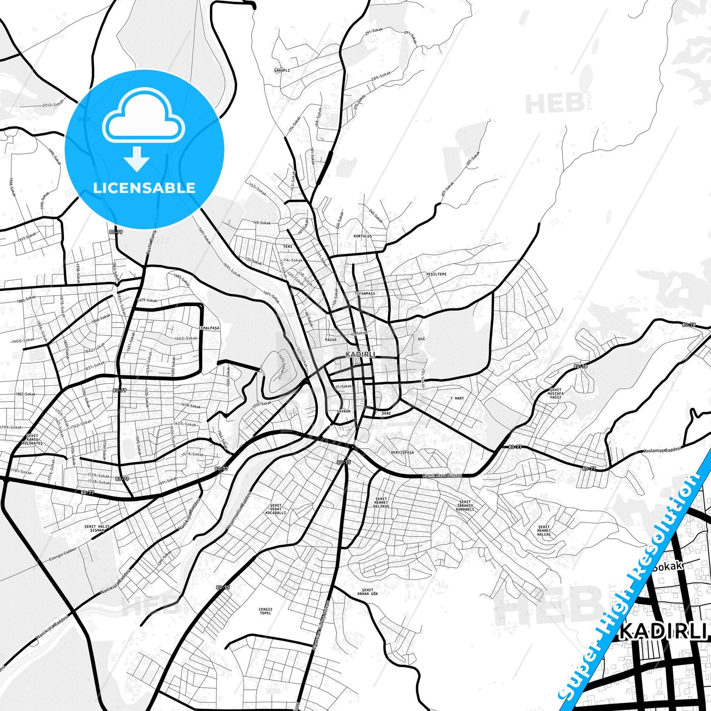 Kadirli, Turkey Light Map with Street Names, City Names, and Districts