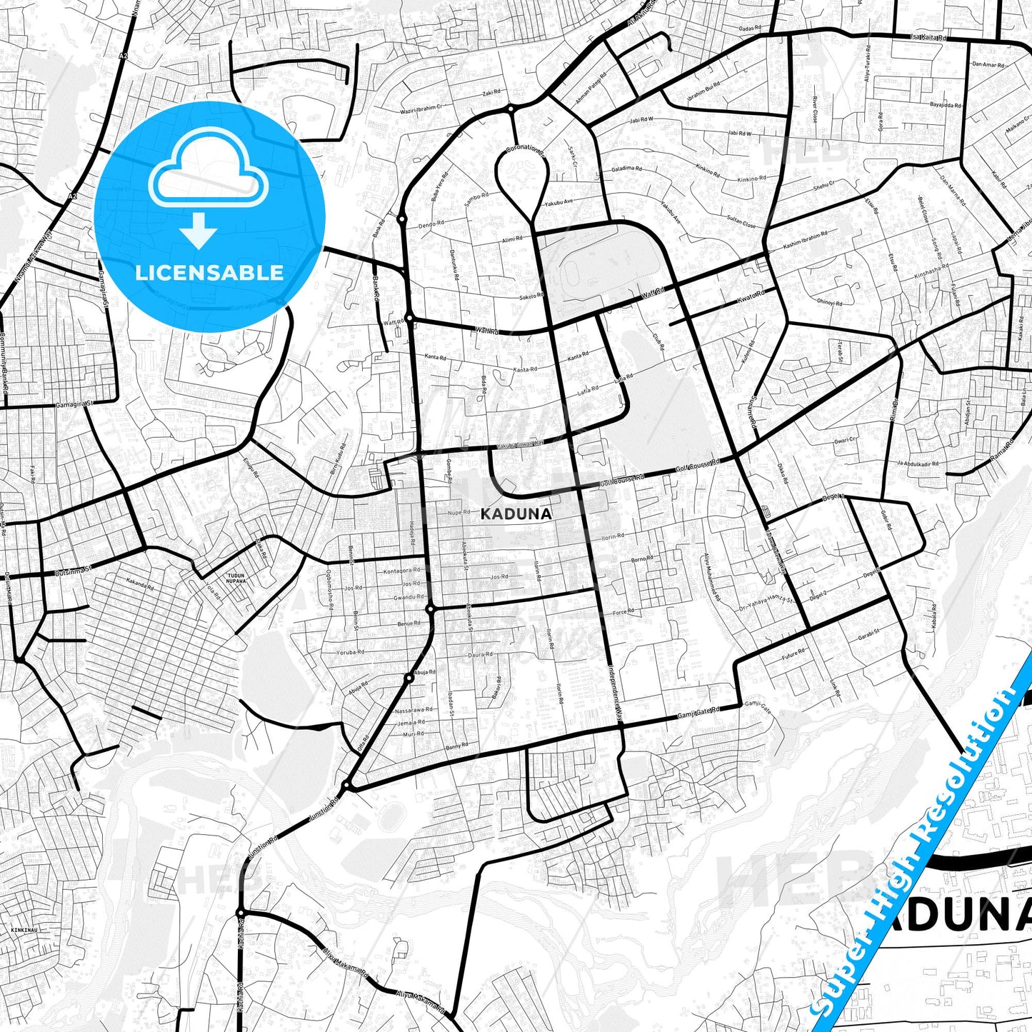 Kaduna, Nigeria Light Map with Street Names, City Names, and Districts