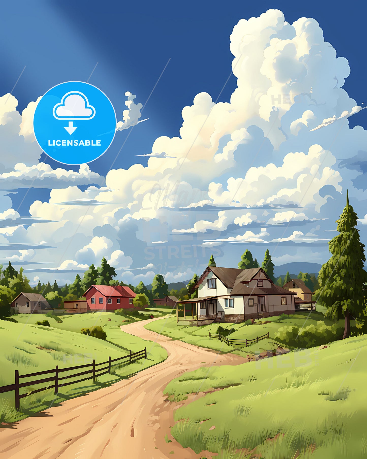 Vibrant Kaduna Nigeria Skyline Painting: Houses and Dirt Road Depicting Local Village Life