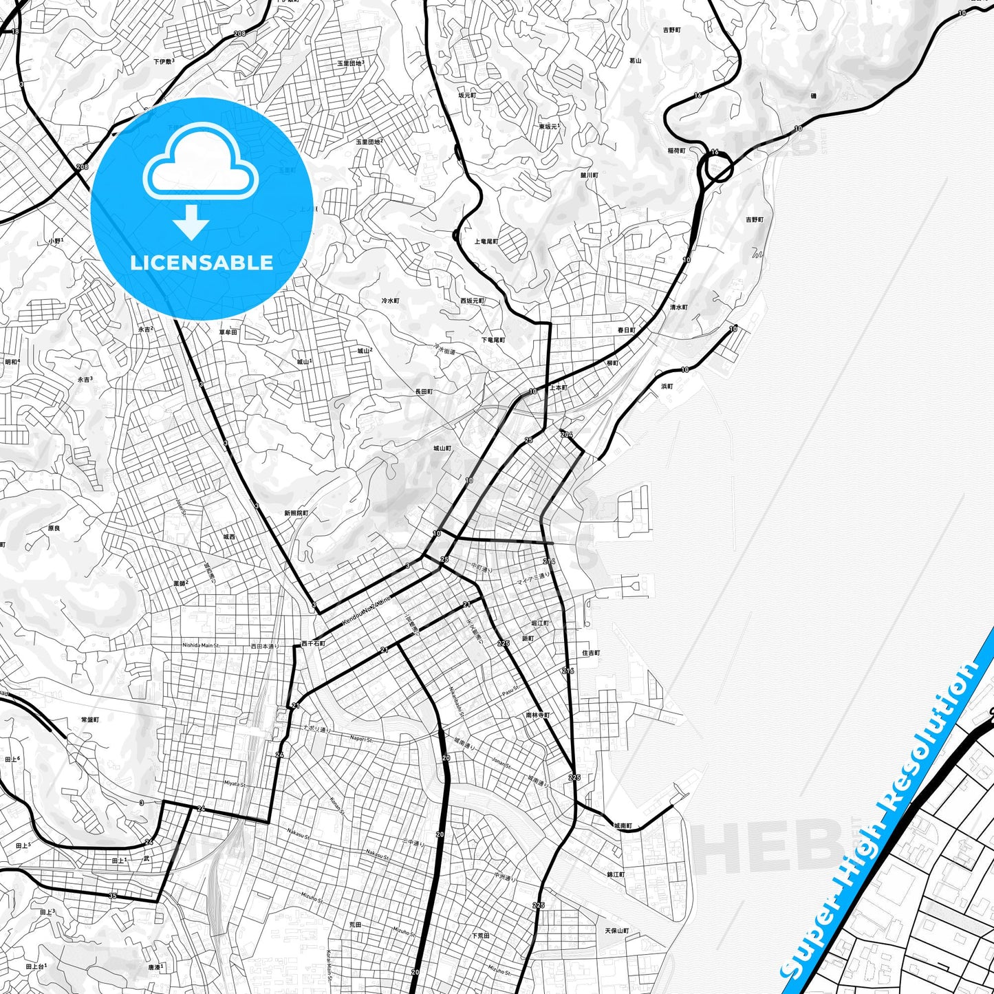 Kagoshima, Japan Light Map with Street Names, City Names, and Districts