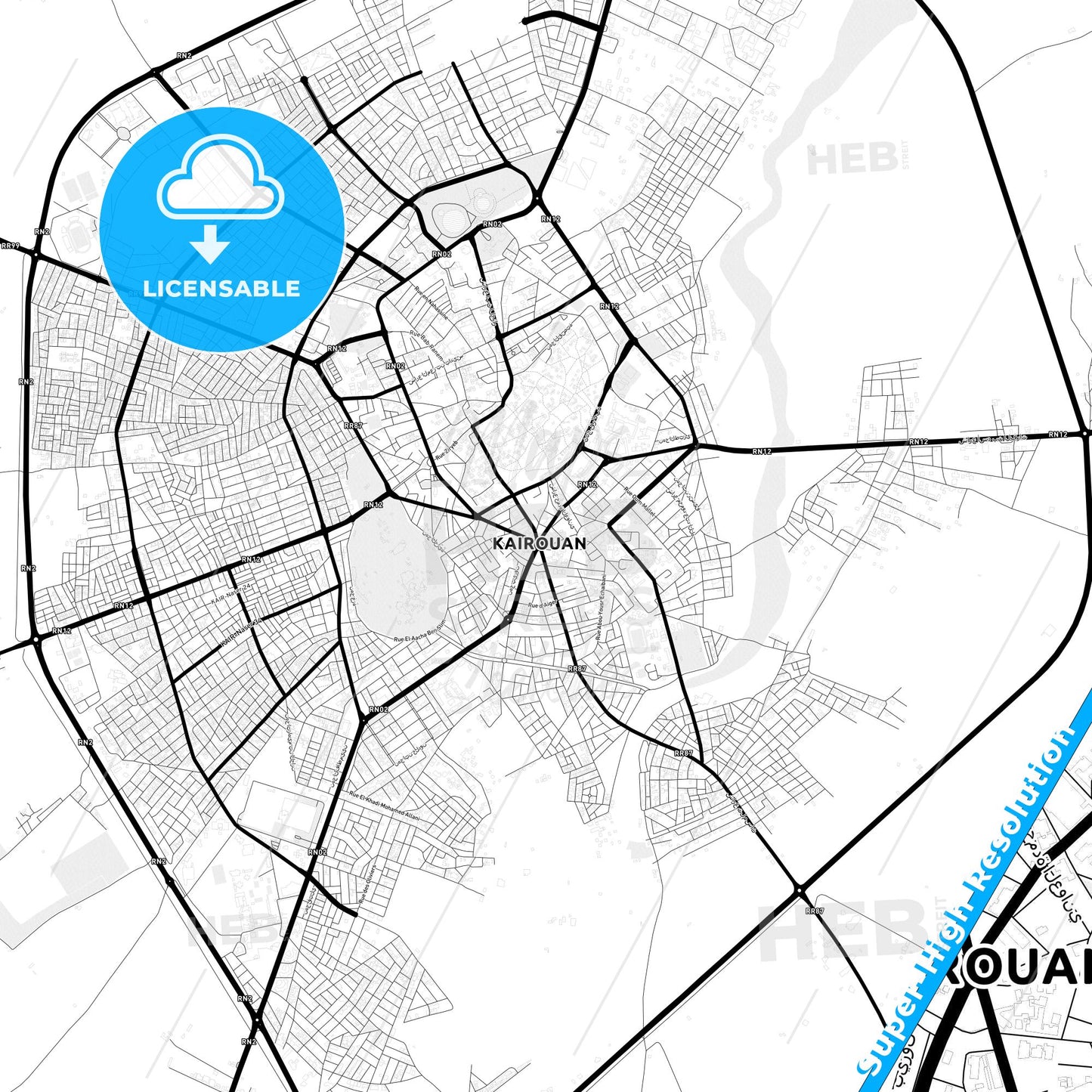 Kairouan, Tunisia Light Map with Street Names, City Names, and Districts