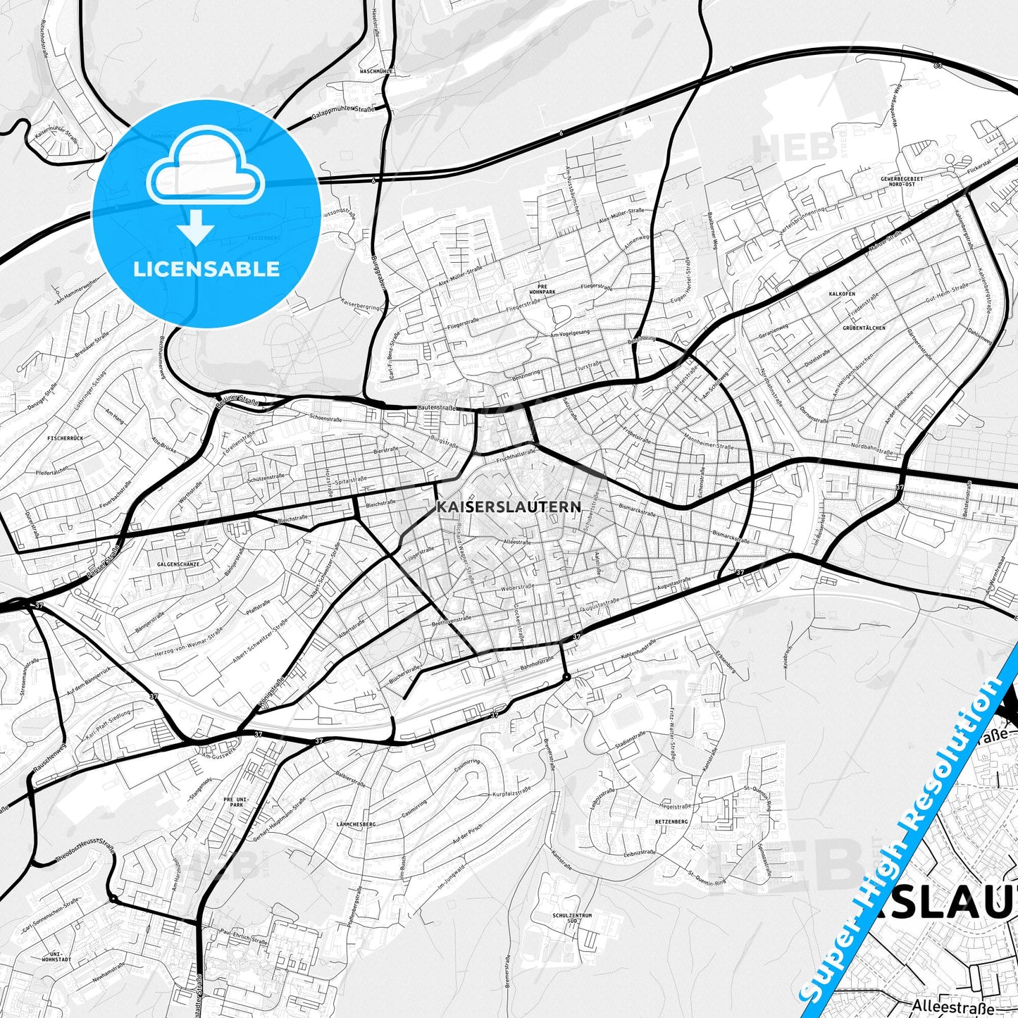 Kaiserslautern, Germany Light Map with Street Names, City Names, and Districts