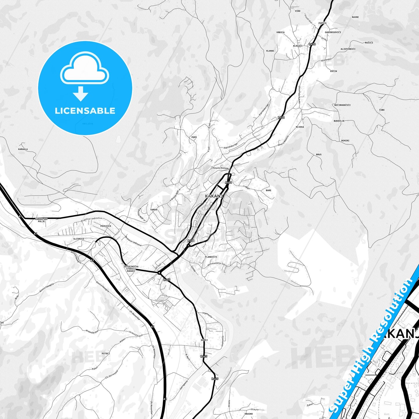 Kakanj, Bosnia and Herzegovina Light Map with Street Names, City Names, and Districts