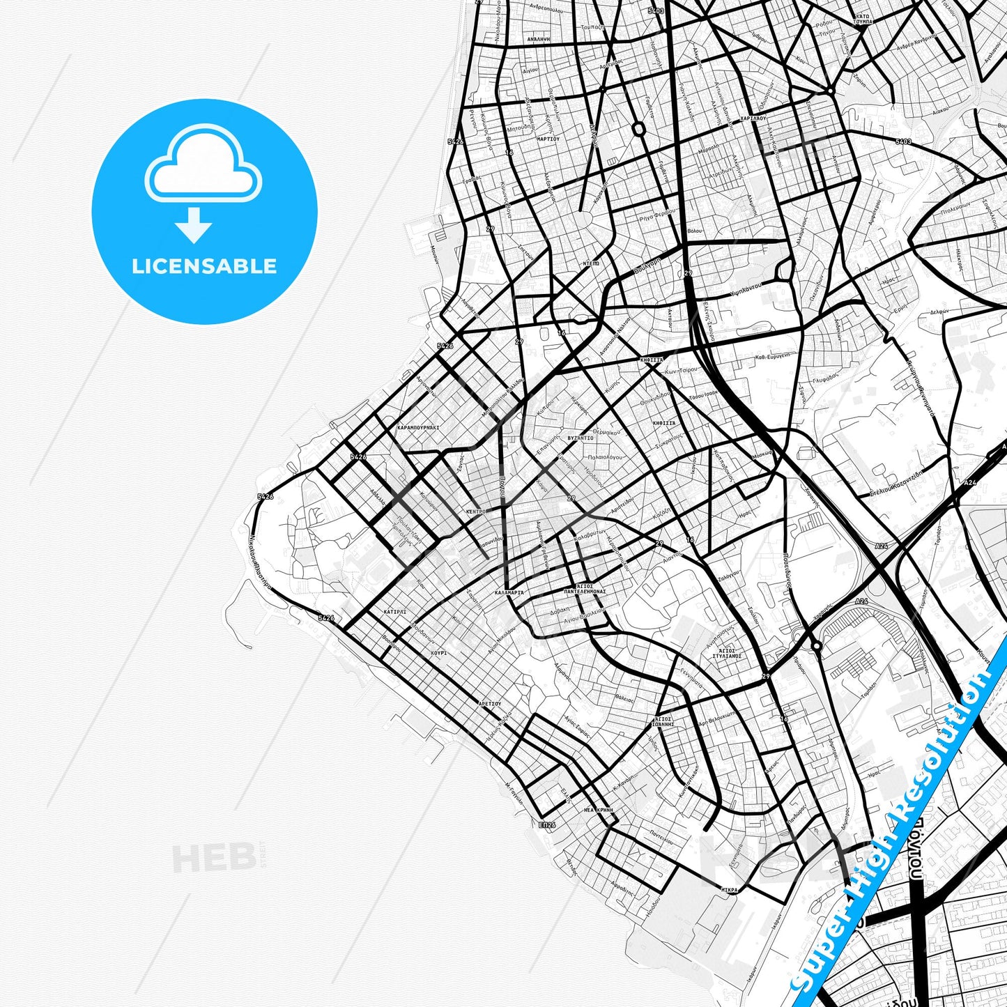 Kalamaria, Greece Light Map with Street Names, City Names, and Districts