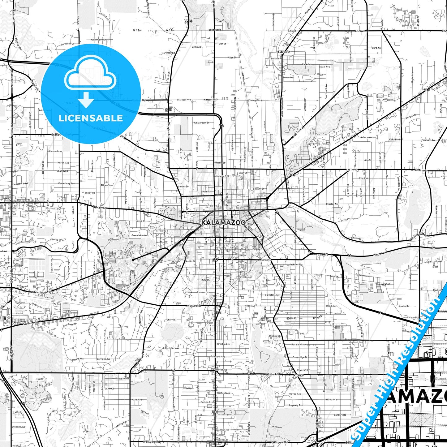 Kalamazoo, Michigan Light Map with Street Names, City Names, and Districts