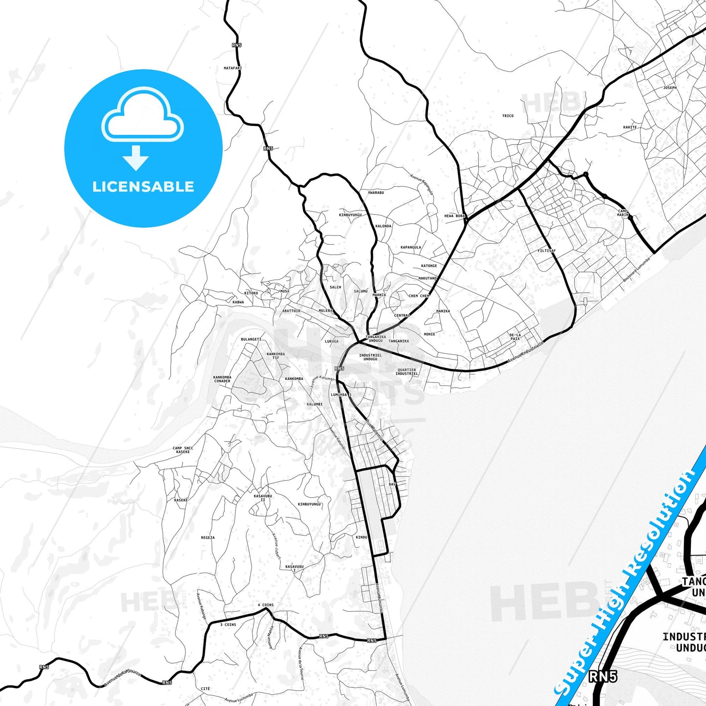 Kalemie, DR Congo Light Map with Street Names, City Names, and Districts