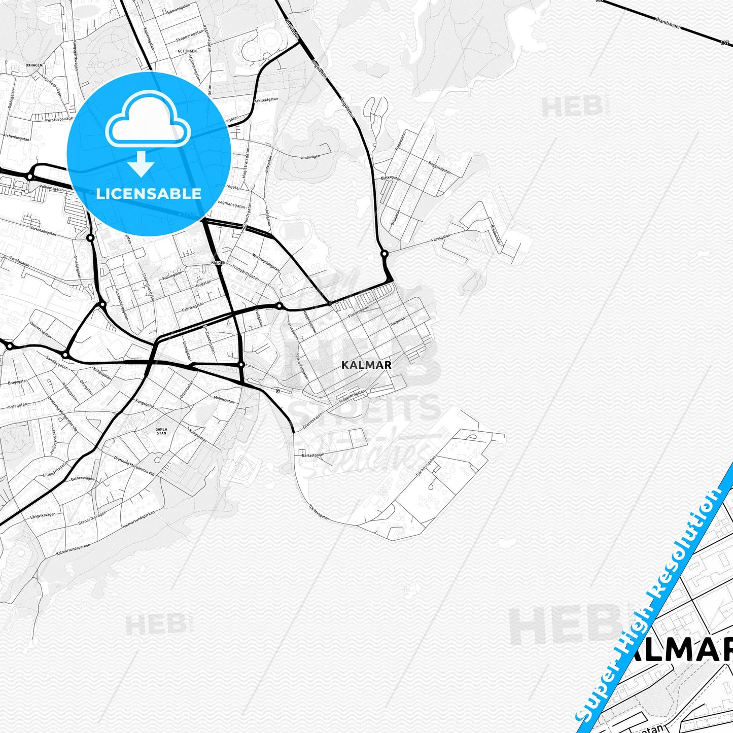 Kalmar, Sweden Light Map with Street Names, City Names, and Districts