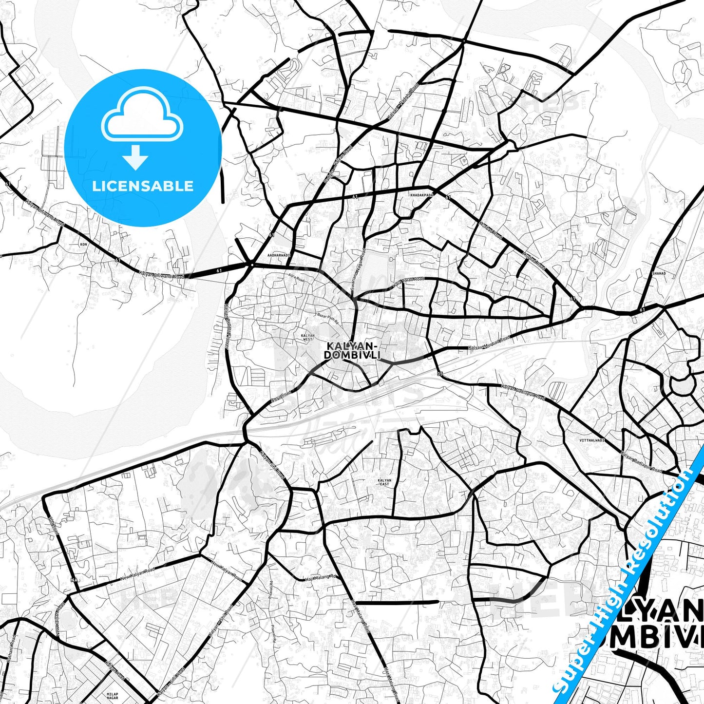 Kalyan-Dombivli, India Light Map with Street Names, City Names, and Districts