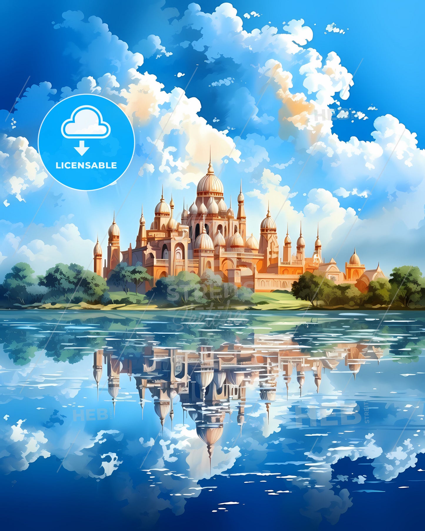 Artistic Kalyan-Dombivli Skyline Painting Showcasing Castle on Serene Lake