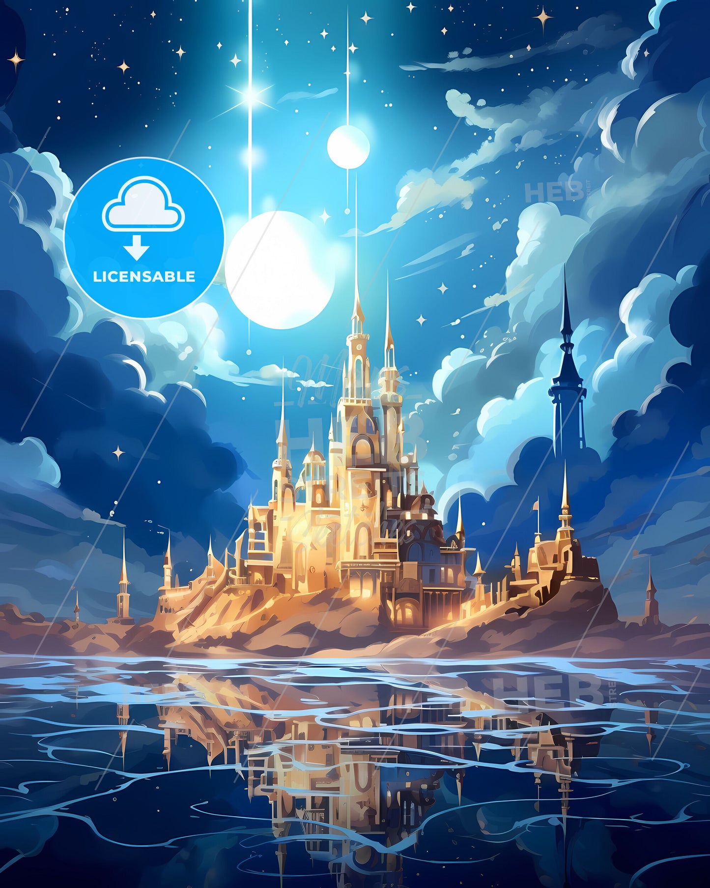 Kalyan-Dombivli India Skyline: Pastel Castle and Moon Reflection with Battleship Silhouette in Background