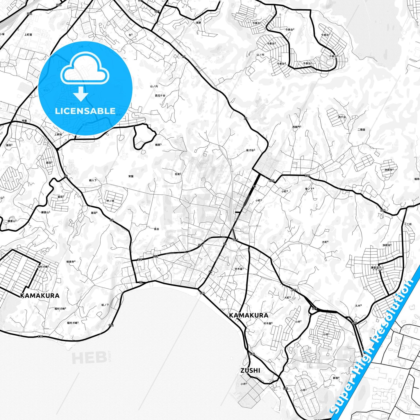 Kamakura, Japan Light Map with Street Names, City Names, and Districts