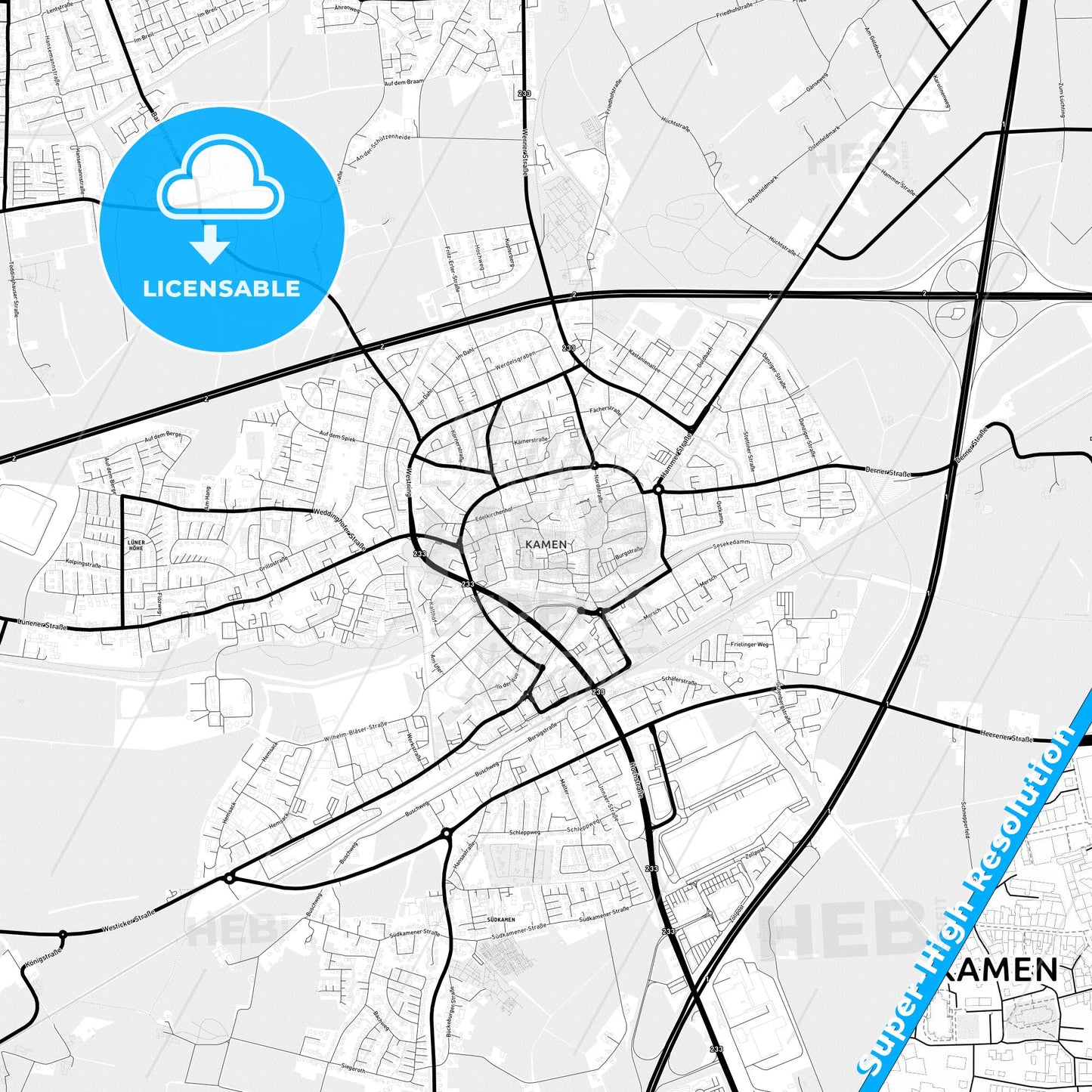 Kamen, Germany Light Map with Street Names, City Names, and Districts