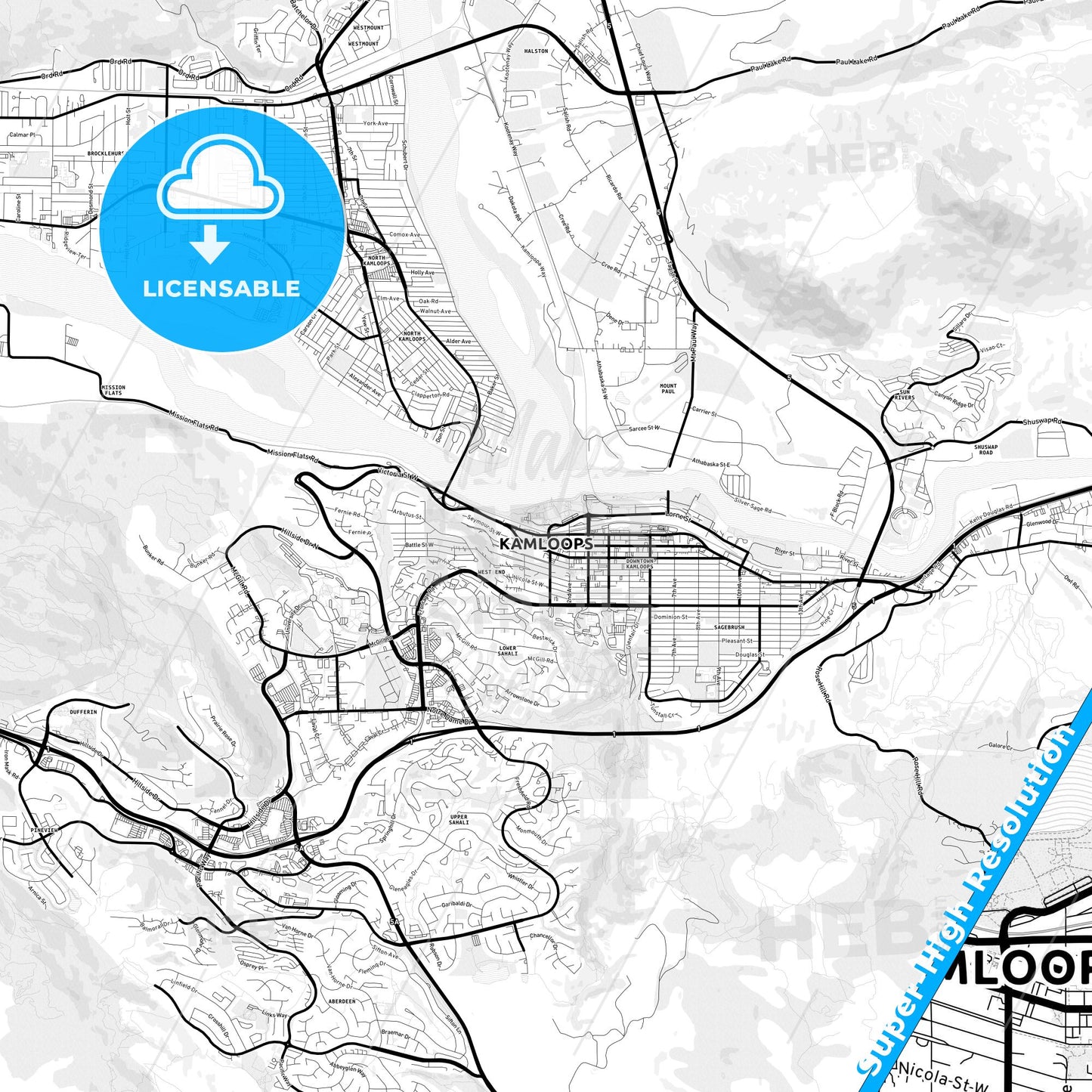 Kamloops, Canada Light Map with Street Names, City Names, and Districts
