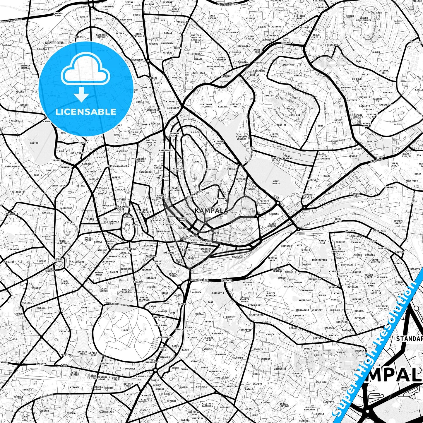 Kampala, Uganda Light Map with Street Names, City Names, and Districts
