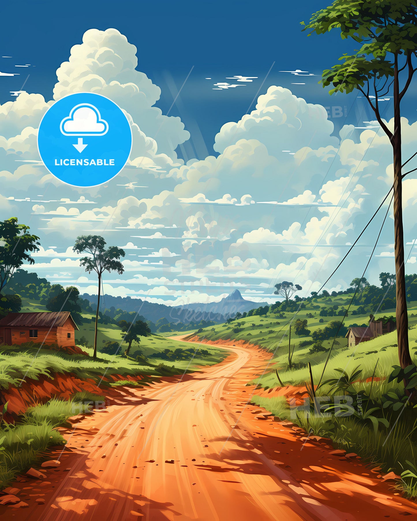 Vibrant African Landscape Painting: Dirt Road Through Tranquil Green Hills