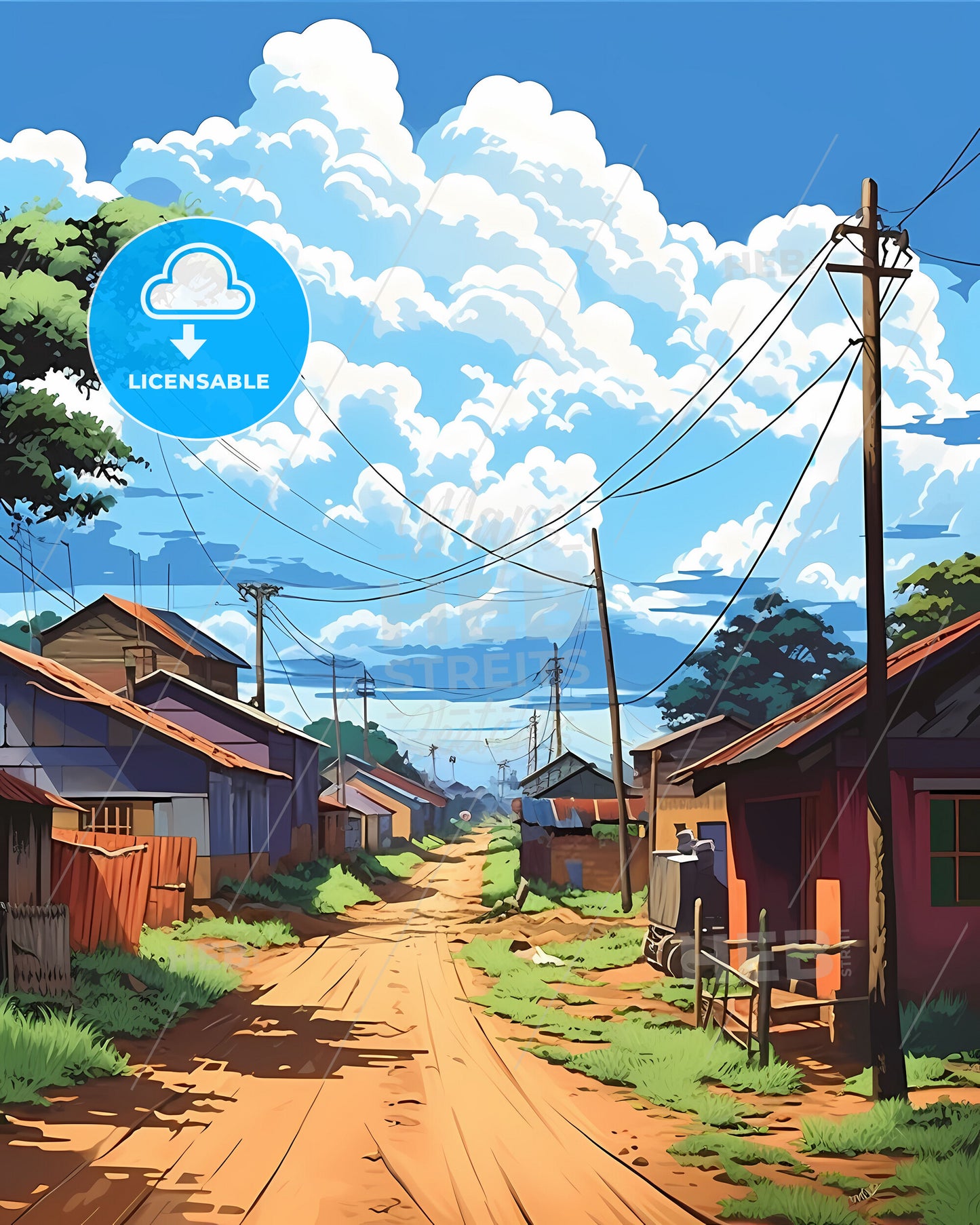 Kampala Uganda Skyline - Street with Houses and Overhead Wires Expressive Figurative Oil Painting