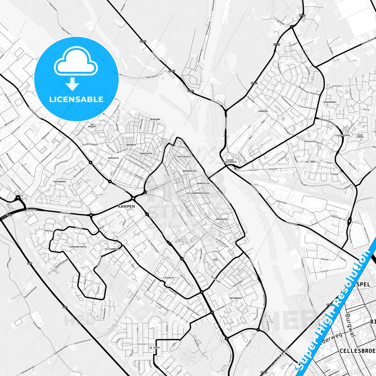 Kampen, Netherlands Light Map with Street Names, City Names, and Districts