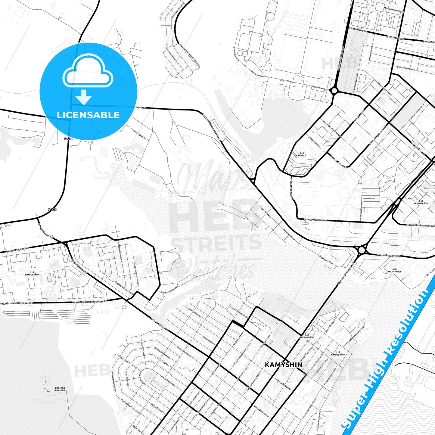 Kamyshin, Russia Light Map with Street Names, City Names, and Districts