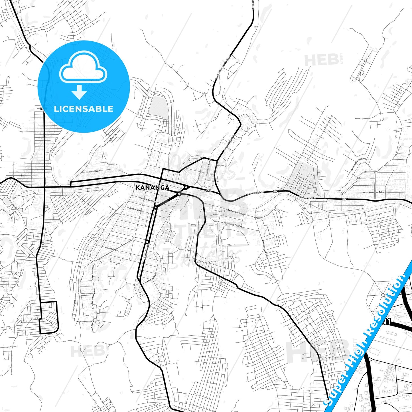 Kananga, DR Congo Light Map with Street Names, City Names, and Districts