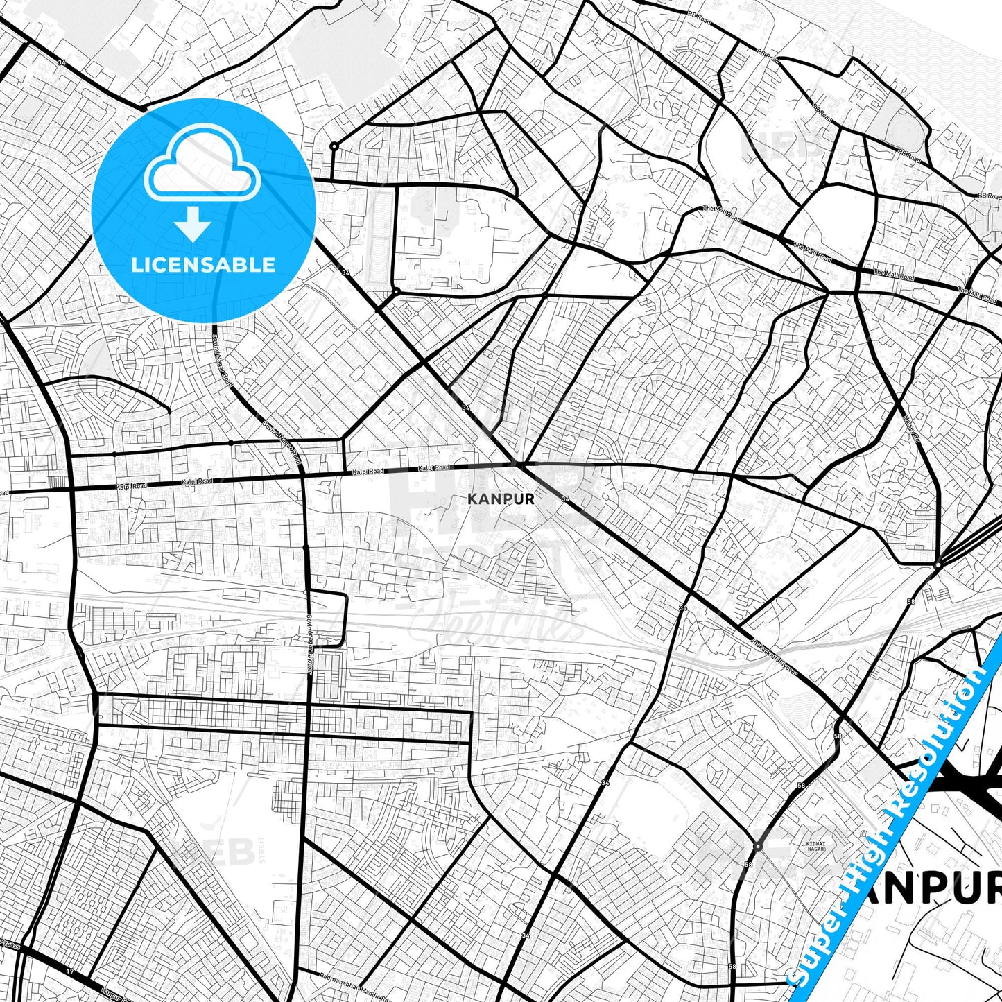 Kanpur, India Light Map with Street Names, City Names, and Districts