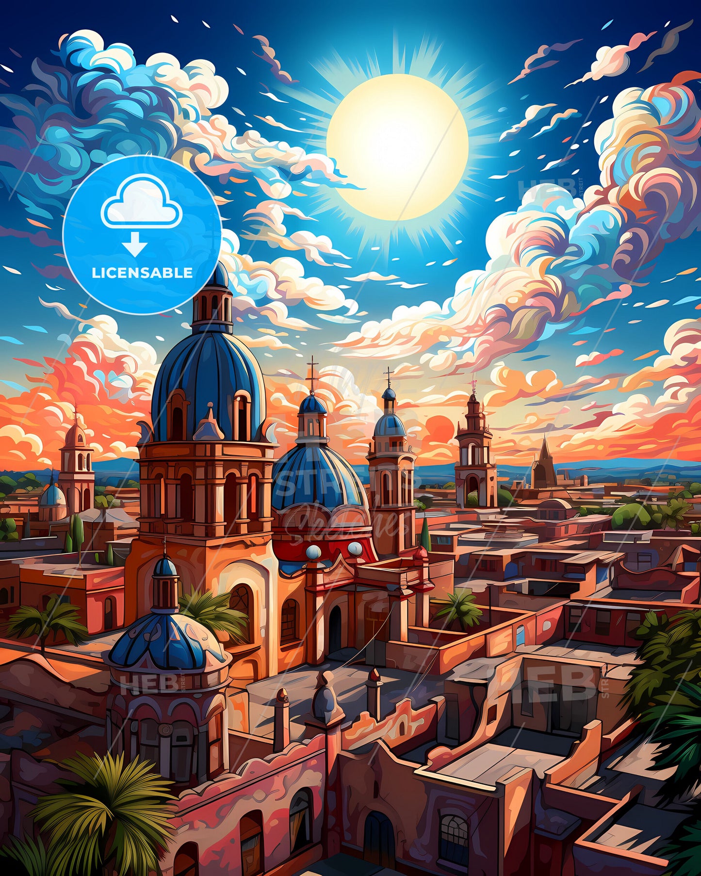 Indian Building Art - Colorful Canvas Painting with Kanpur India Skyline and Dramatic Clouds