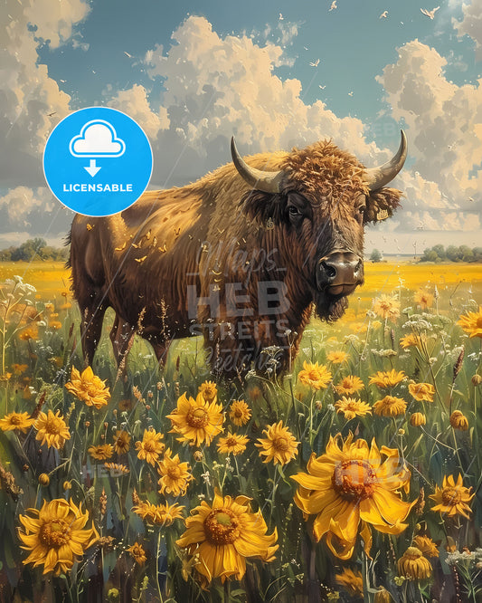 Yellow Field Canvas Print Art: Vibrant Cow Artwork Featuring Kansas Landscape