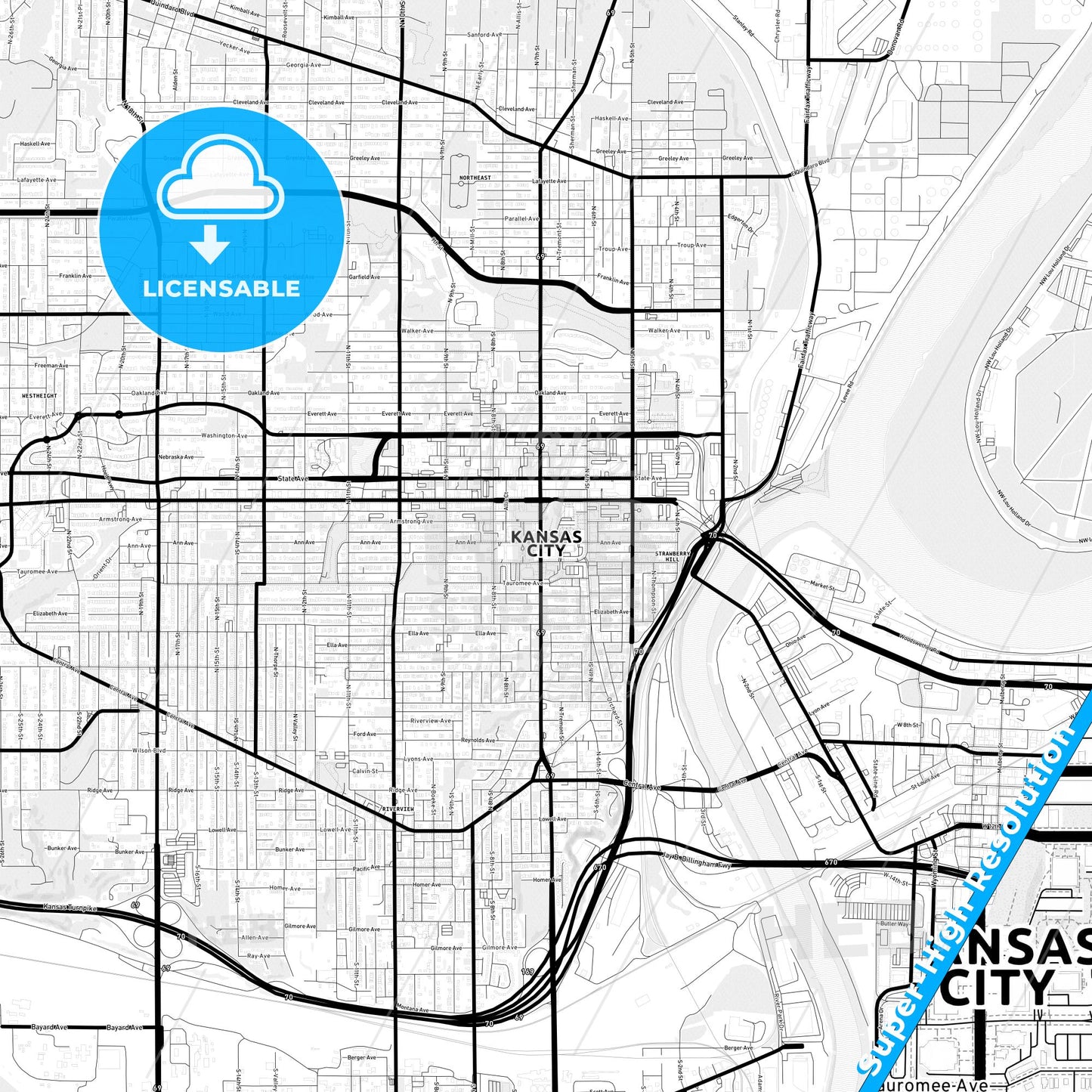 Kansas City, Kansas Light Map with Street Names, City Names, and Districts