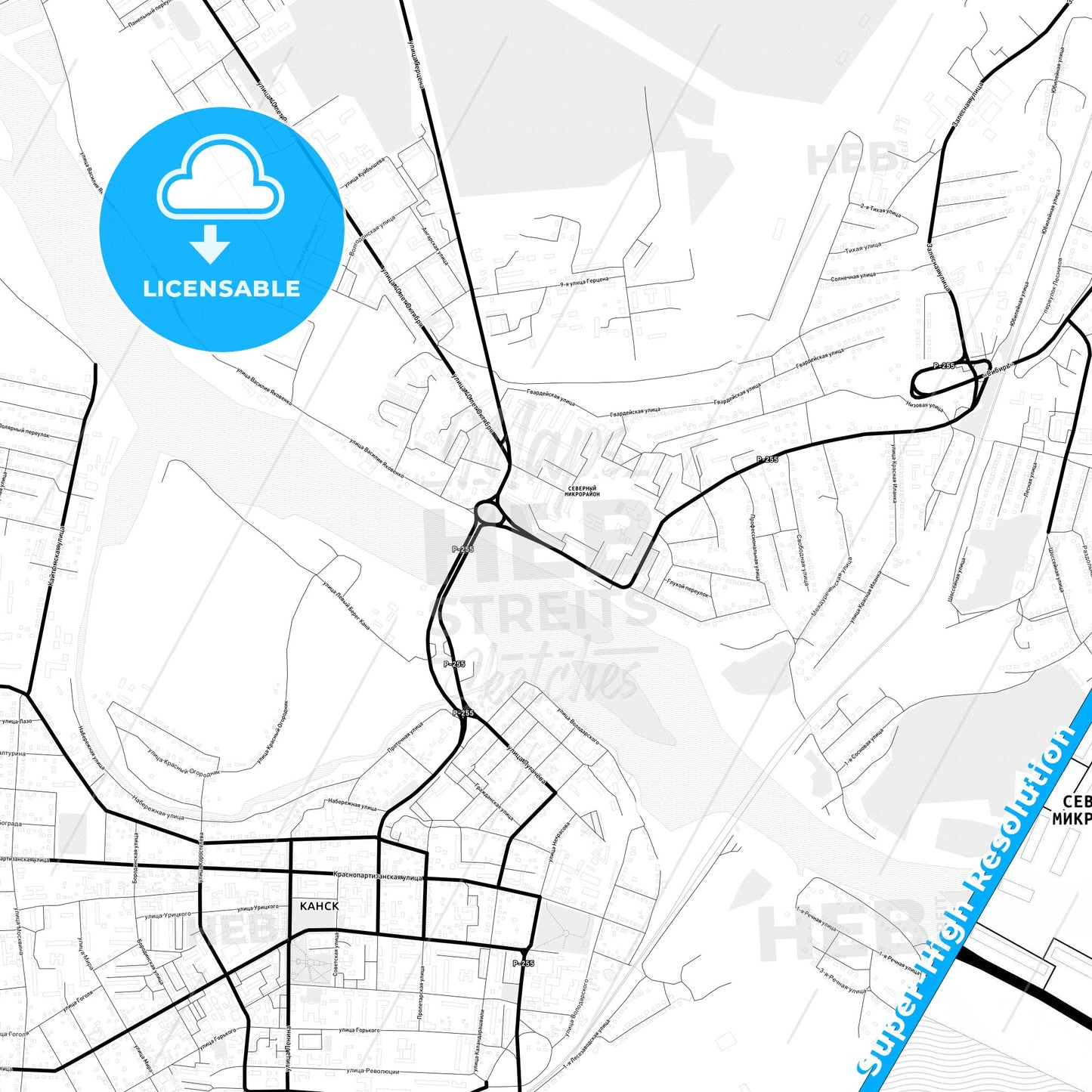 Kansk, Russia Light Map with Street Names, City Names, and Districts