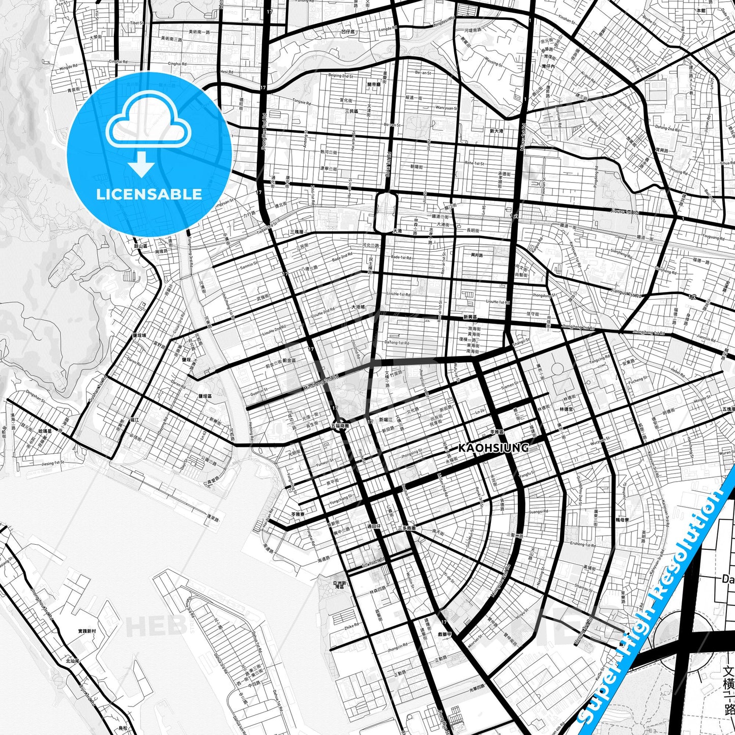 Kaohsiung, Taiwan Light Map with Street Names, City Names, and Districts