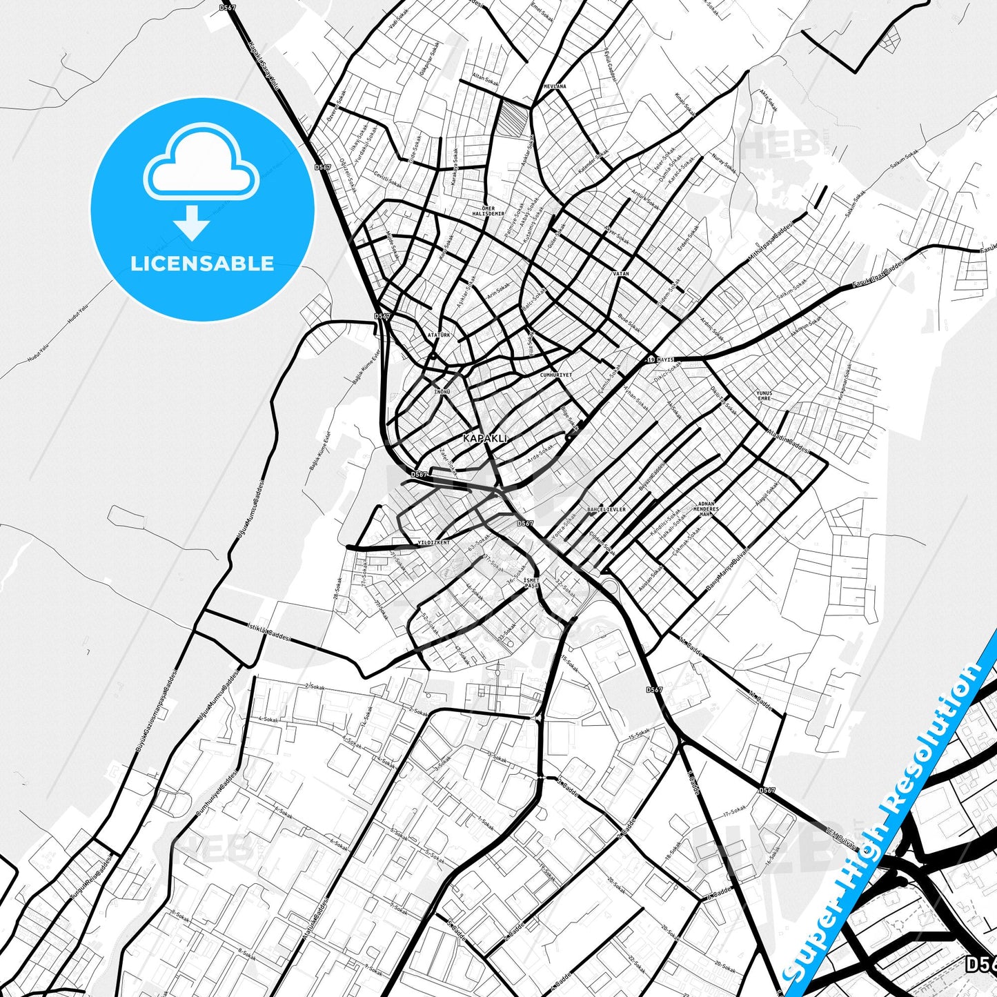 Kapaklı, Turkey Light Map with Street Names, City Names, and Districts