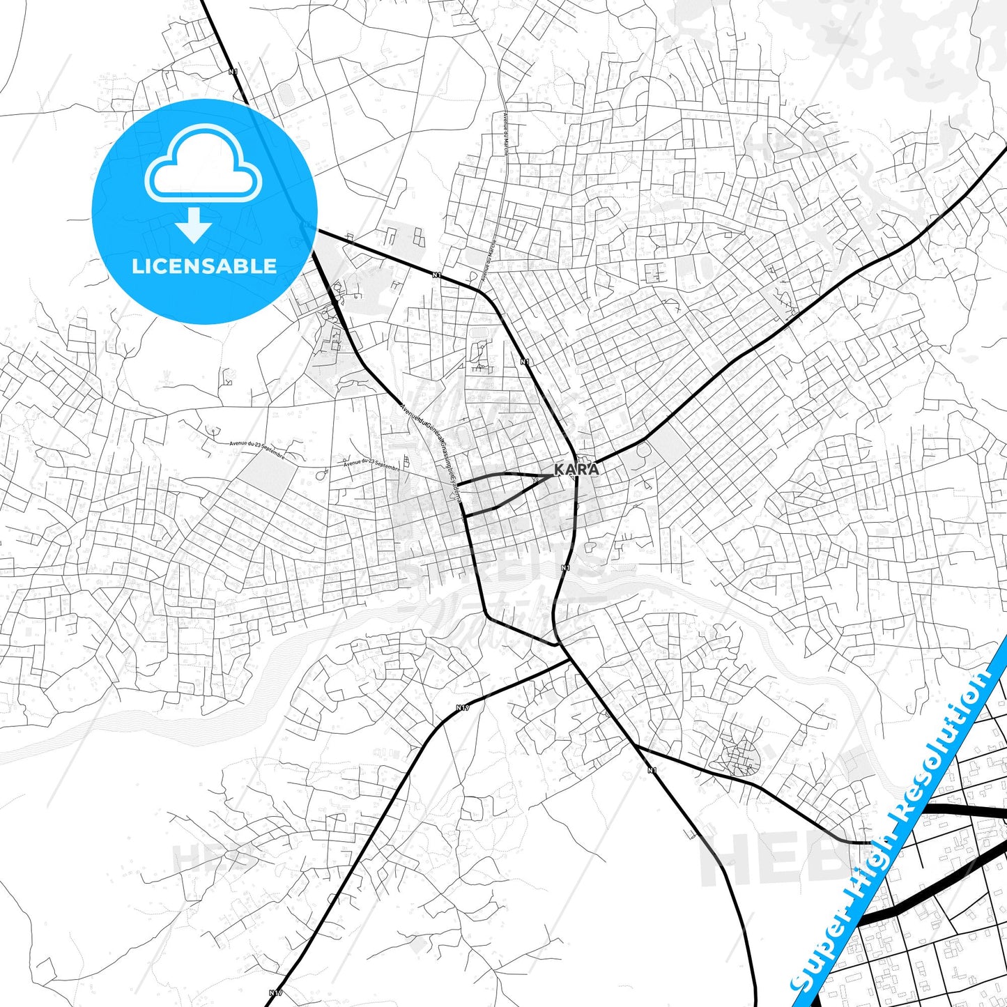 Kara, Togo Light Map with Street Names, City Names, and Districts