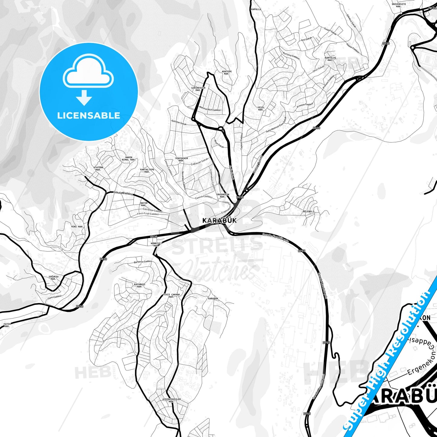 Karabük, Turkey Light Map with Street Names, City Names, and Districts