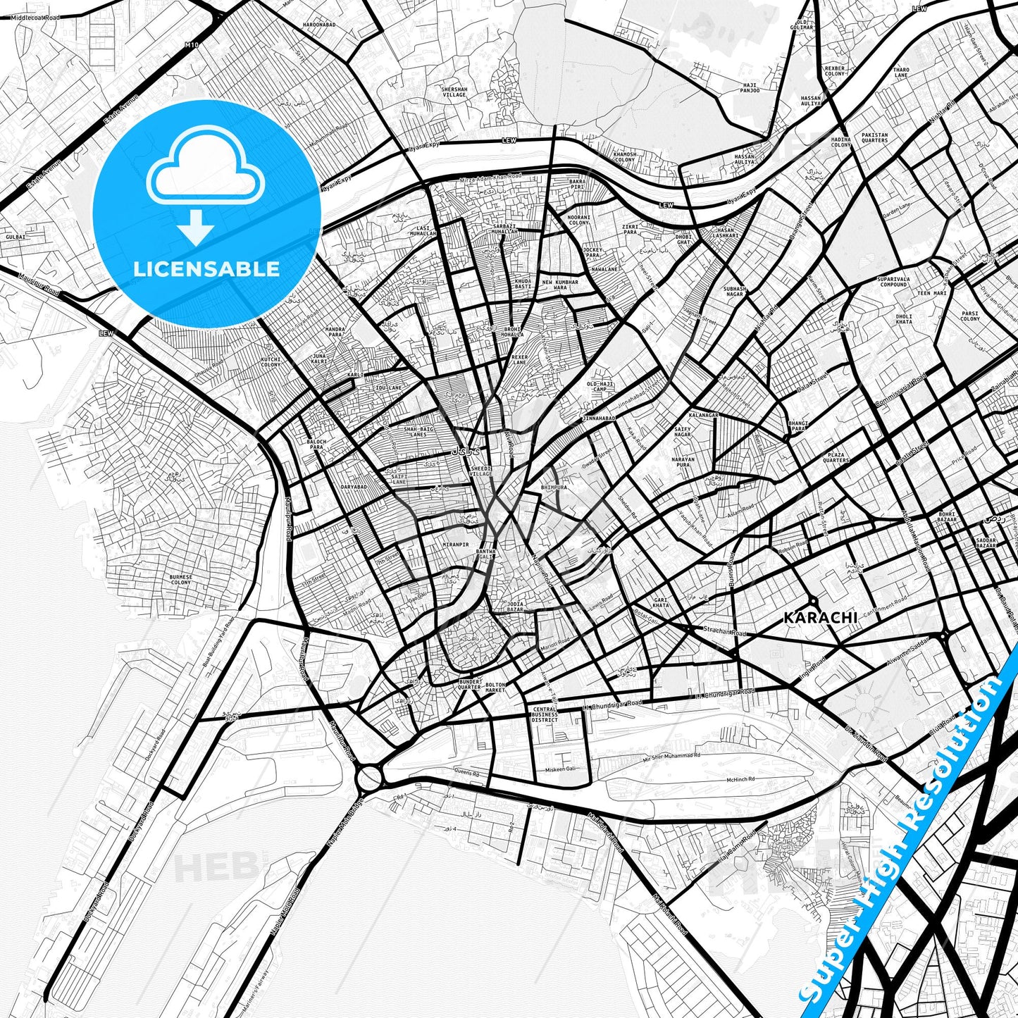 Karachi, Pakistan Light Map with Street Names, City Names, and Districts