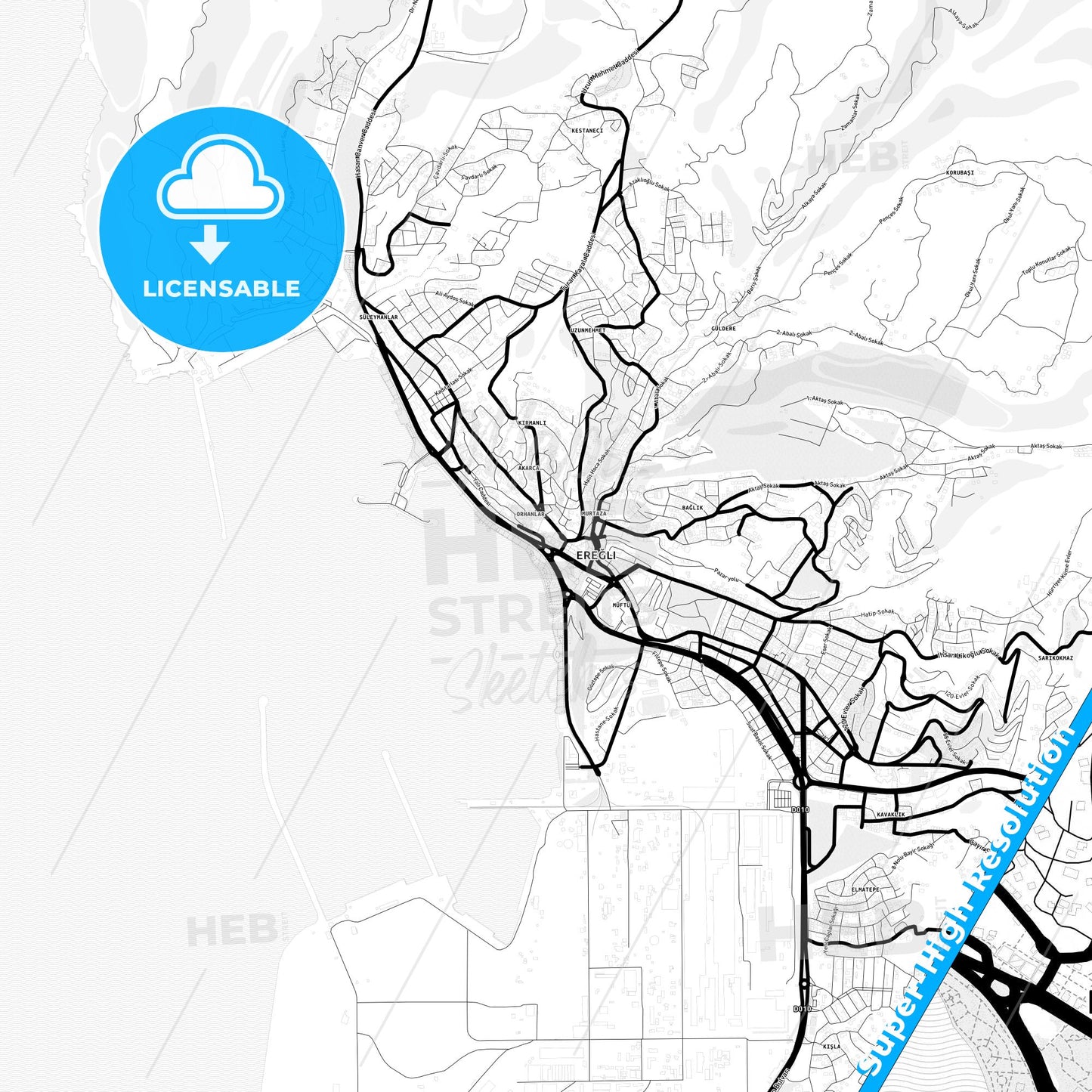 Karadeniz Ereğli, Turkey Light Map with Street Names, City Names, and Districts