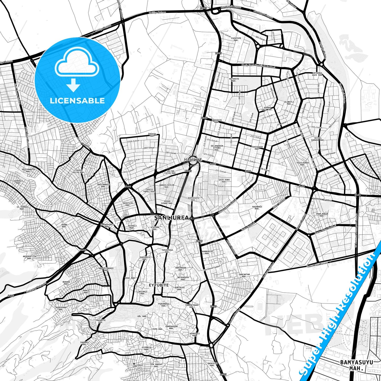 Karaköprü, Turkey Light Map with Street Names, City Names, and Districts